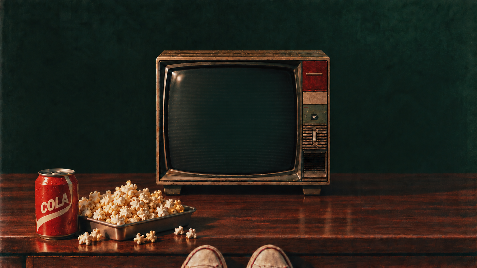 A vintage television, cola and popcorn on a wooden table