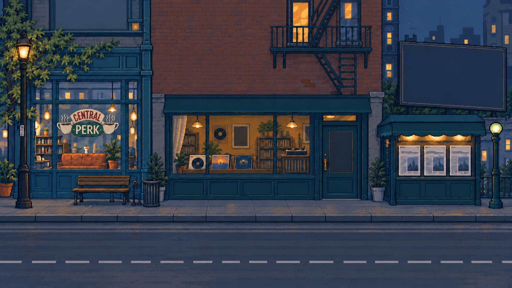 A pixel New York street with Central Perk, a record shop, fire escape and newspaper stand